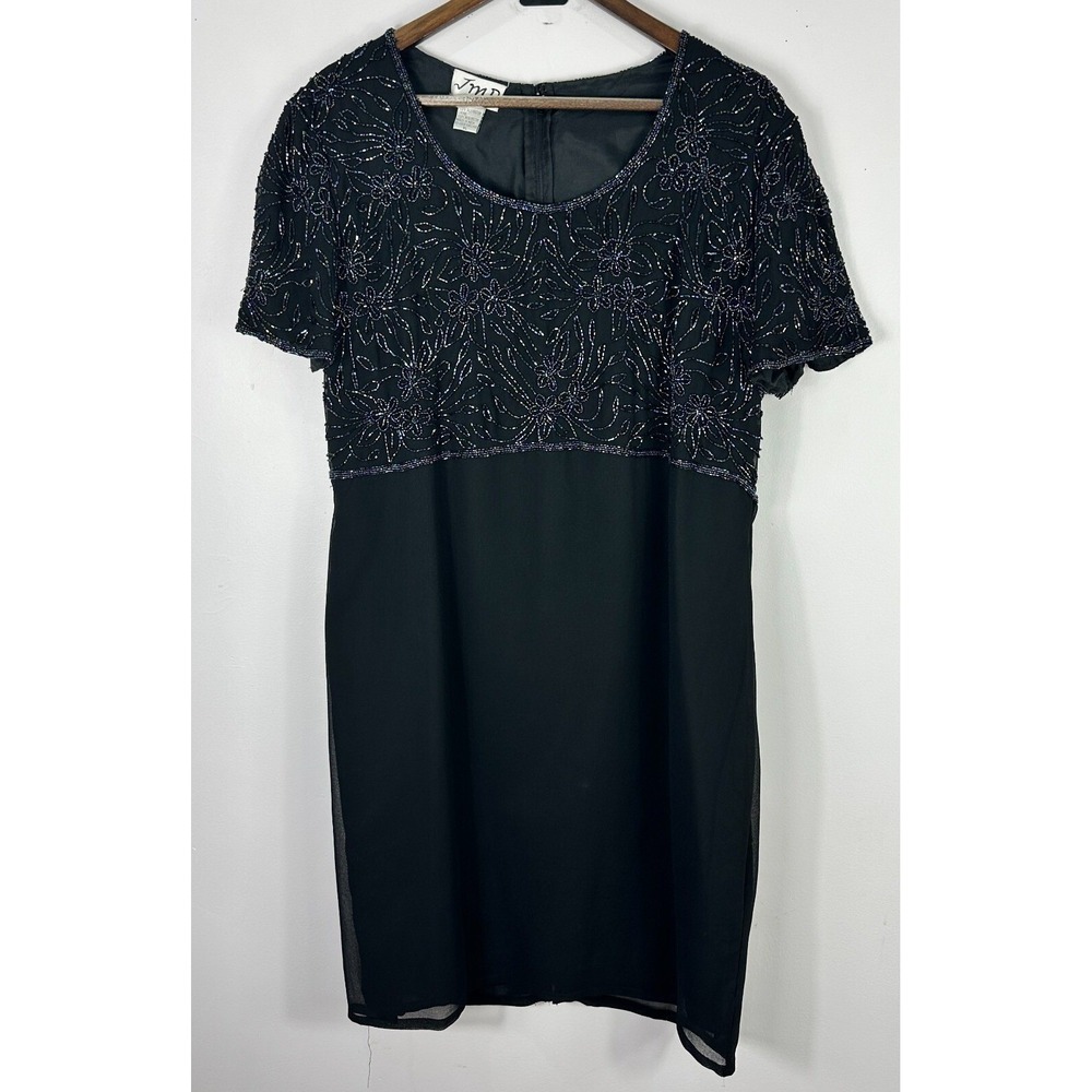 JMD New York Cocktail Dress Womens XL Black Beaded Floral Formal Evening Sheath
